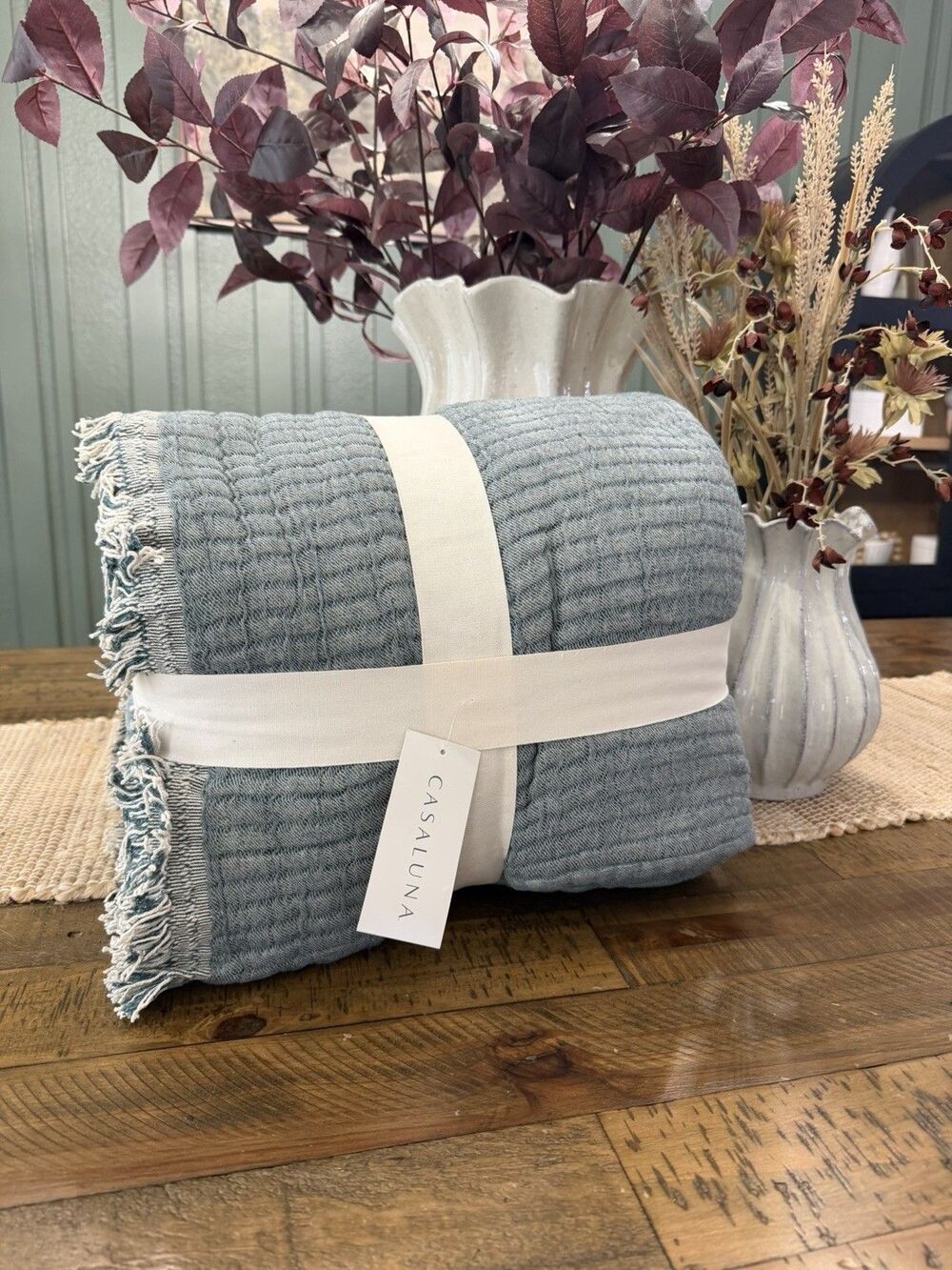 Full/Queen Reversible Textured Cotton Chambray Coverlet Dark Teal Blue - NEW